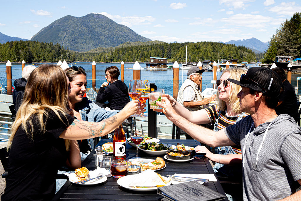 group cheers at restaurant