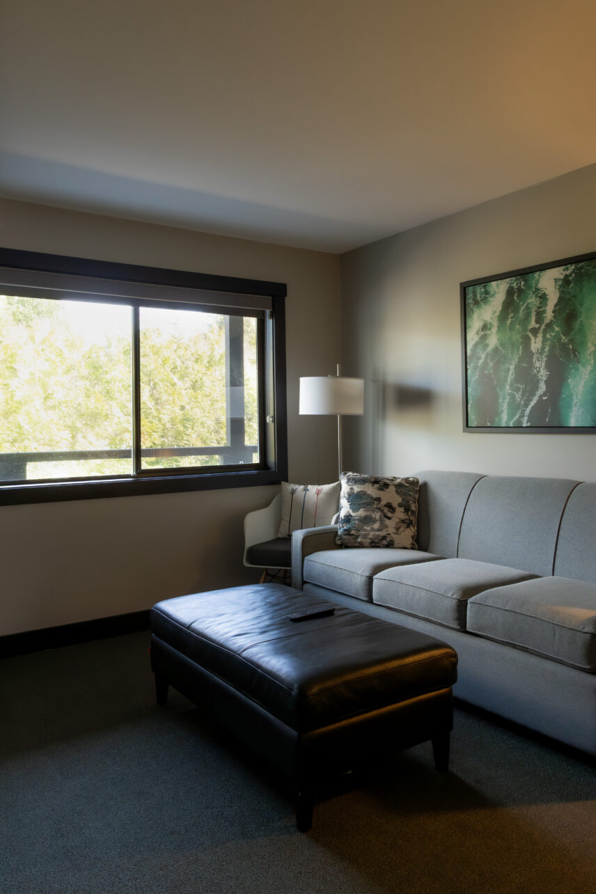 Tofino hotel suite with pull out couch, local art, and natural lighting
