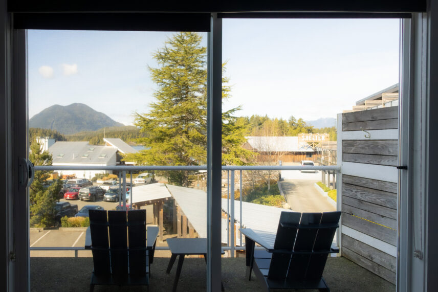 Panoramic views of the Tofino inlet from a Tofino hotel with a view in town