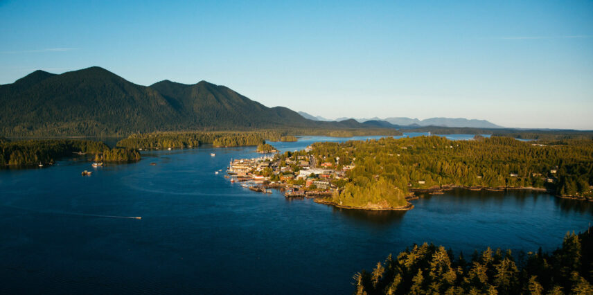Aerial view of Tofino and its inlet, capturing the beauty of the surrounding landscape