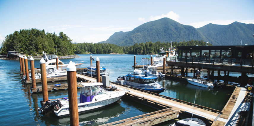 Tofino Resort + Marina with boats docked in picturesque harbor setting