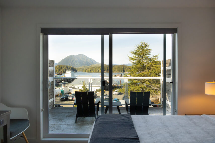 Panoramic view of Tofino harbour and marina from suite window