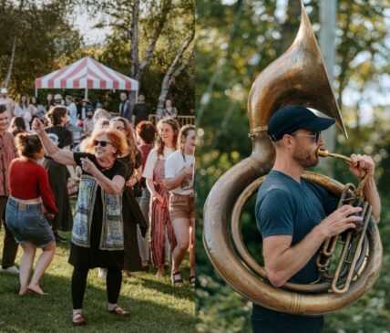 Split frame of a lady dancing among people at the festival and man playing a brass instrument