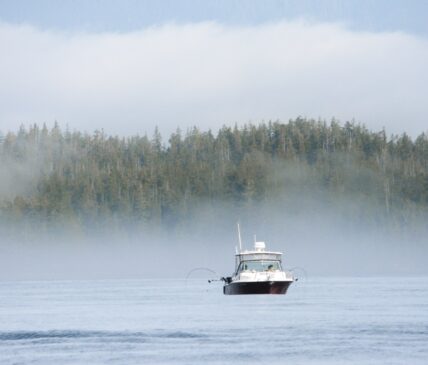 Fishing boat on the misty and foggy ocean