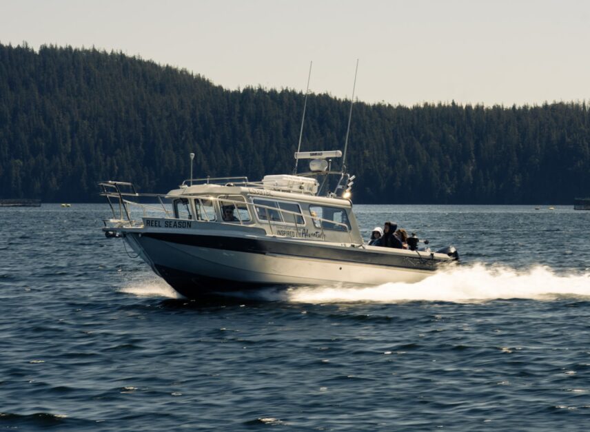 Our boat, Reel Season on the ocean with a treed backdrop
