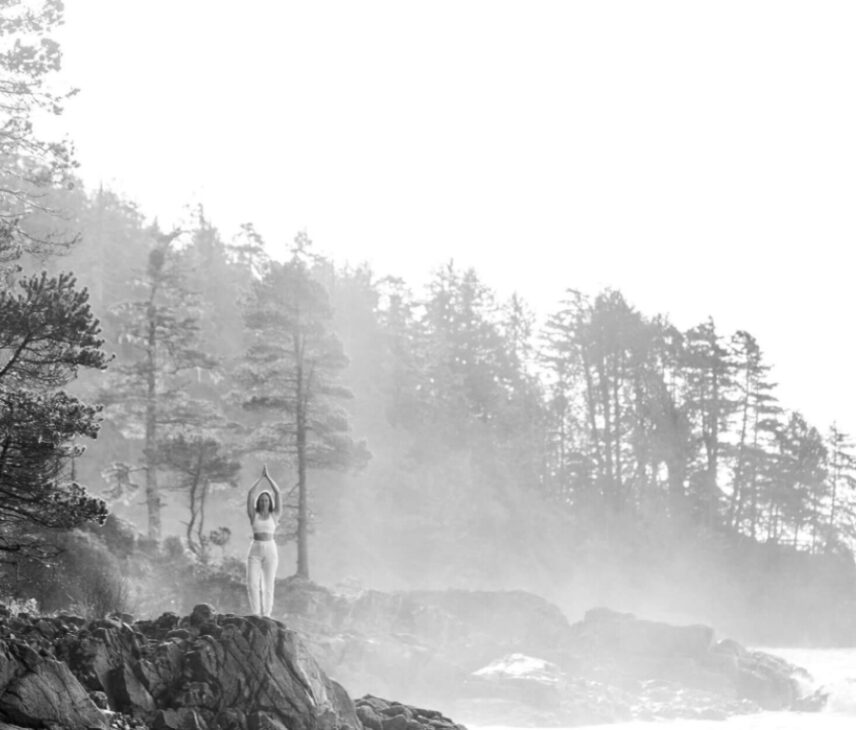 Woman in tree pose on a rocky beach