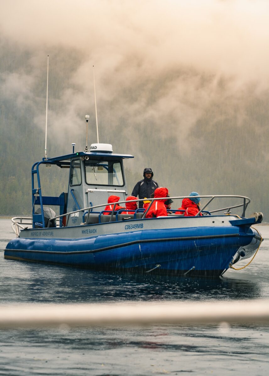 Zodiac Boat in the fog for whale and bear tours