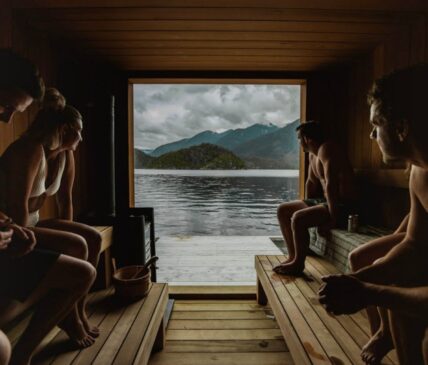 Group of people in the remote floating sauna