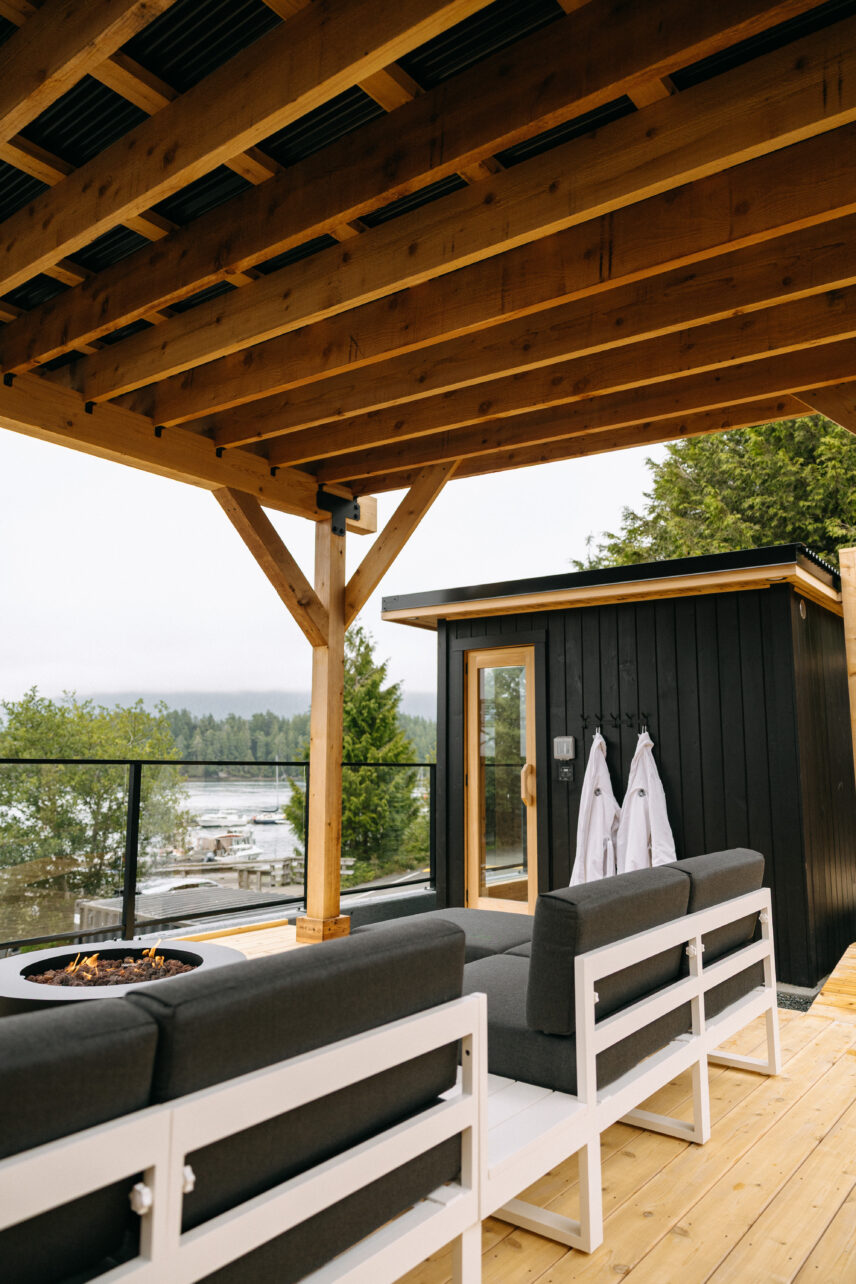 on property sauna and deck at tofino resort + marina