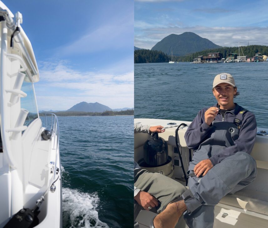 two frames, a boat and one of our wildlife guides